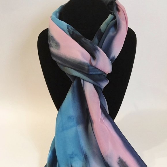 Hand Painted Silk Scarf Bubblegum Pink Blue Womens Unique - Picture 2 of 4